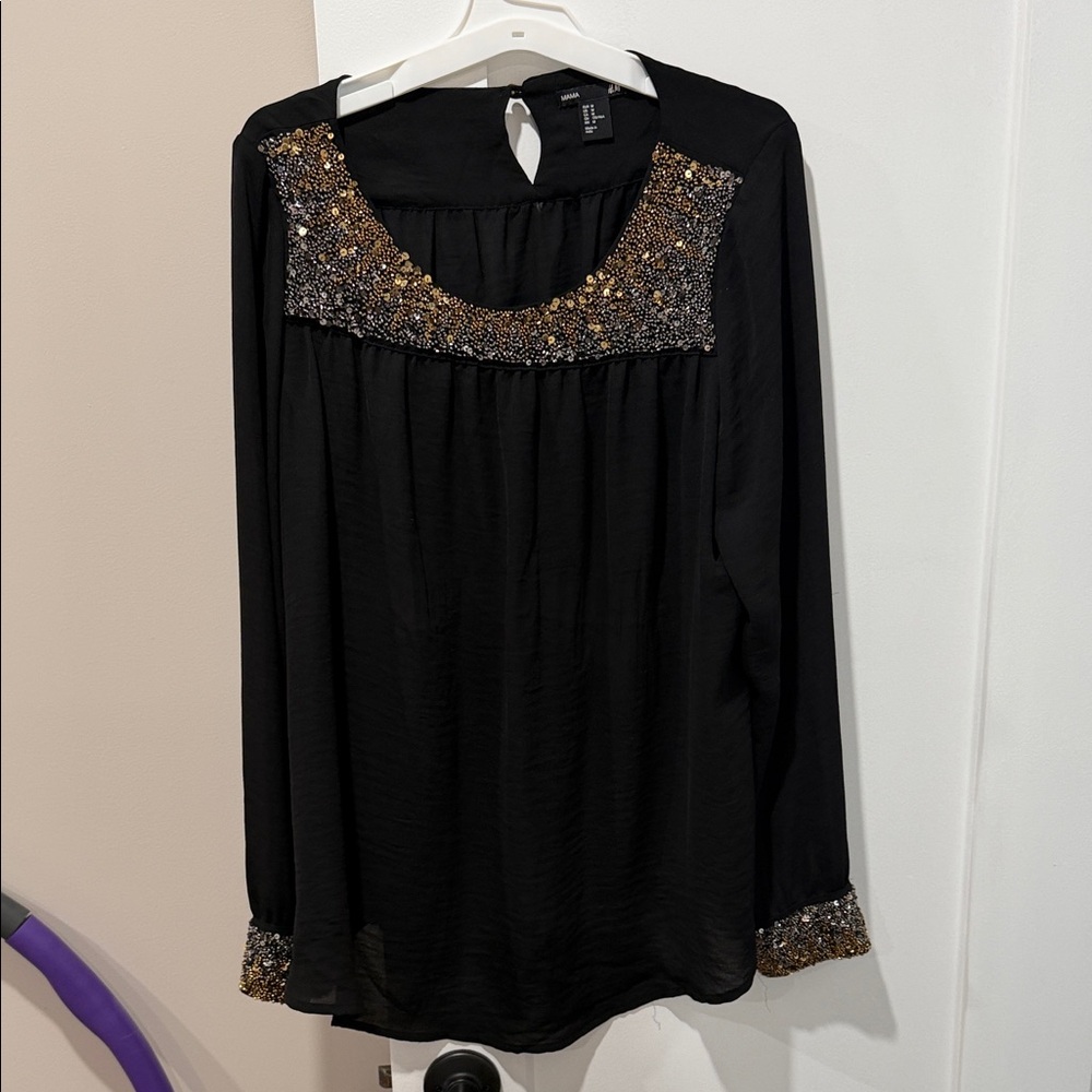 H&M Black Blouse with Gold Sequin Accents